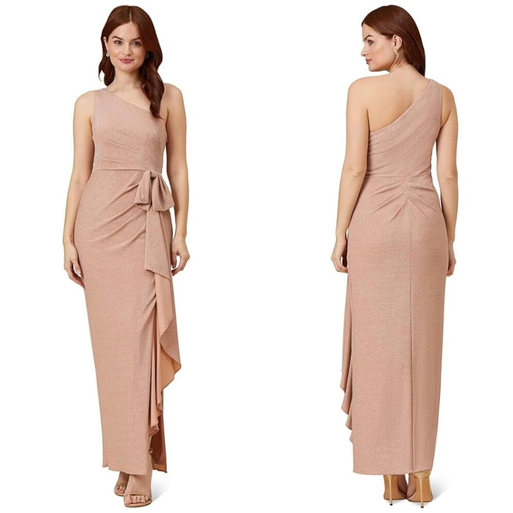 Adrianna Papell Metallic One Shoulder Dress Bridesmaid Wedding Guest Minimalist